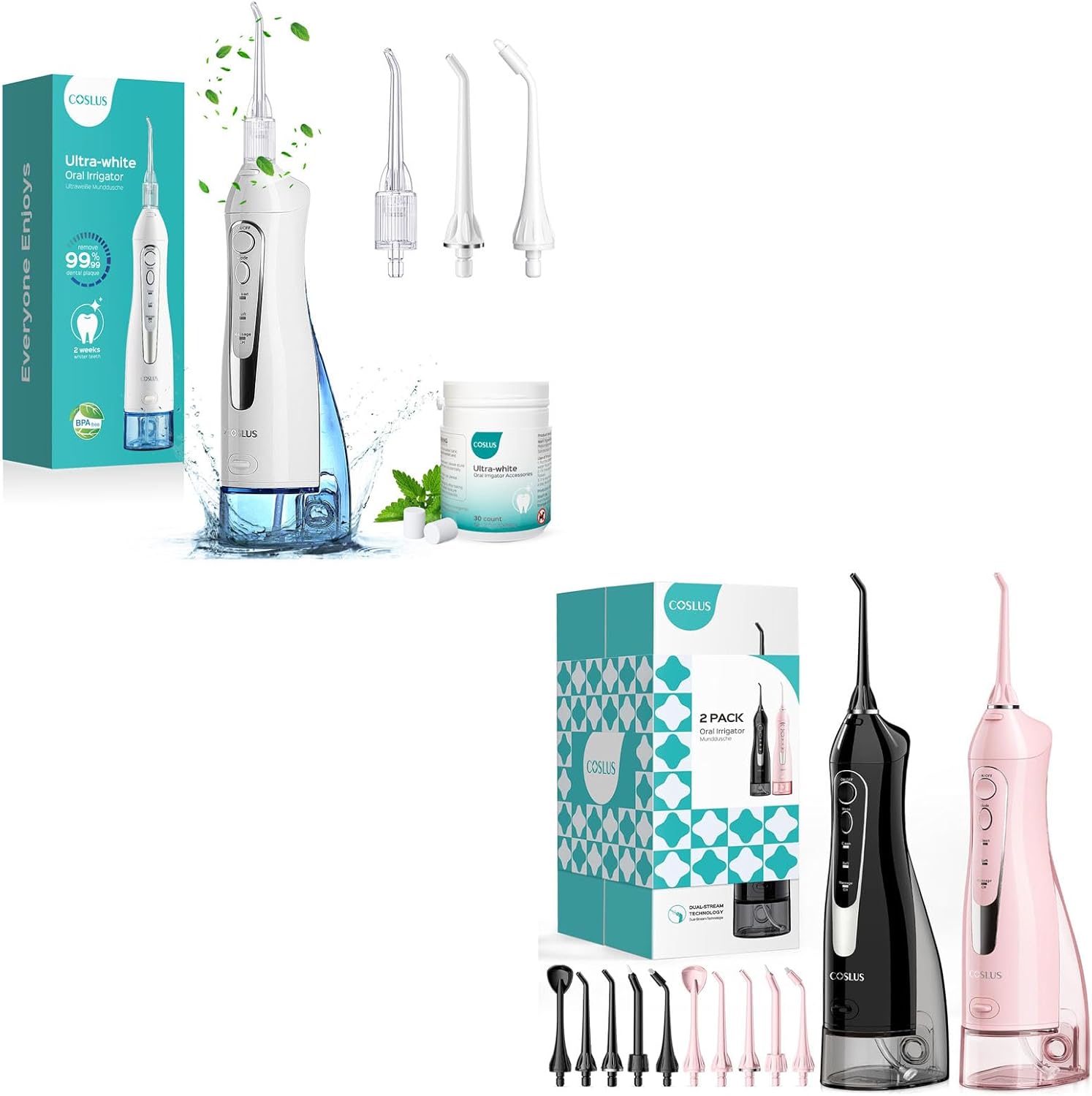 COSLUS 300ML Whitening Flosser & 2 Pack Rechargeable Flosser - Portable, IPX7 Waterproof, F5020E