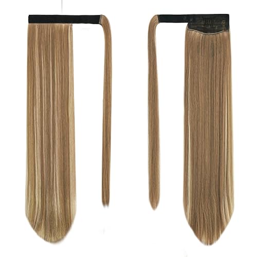 Miniatura 2 de BARSDAR Extensión de cola de caballo de 26 pulgadas, largo y recto, con clip de fibra sintética para mujeres, marrón y rubio