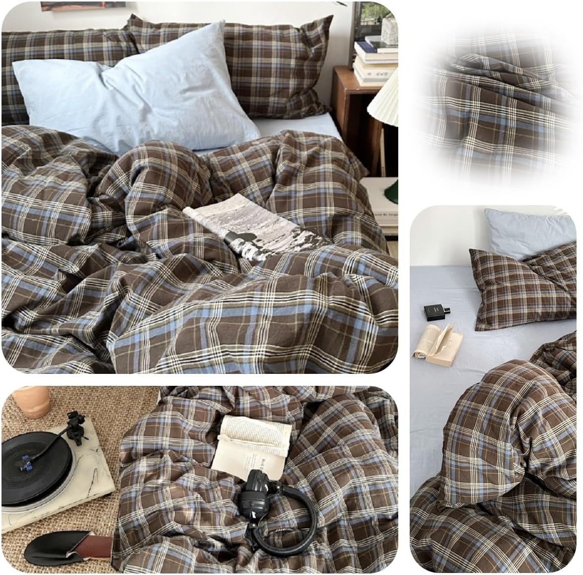 Plaid Duvet Cover Set Queen Size,Brown Blue Gingham Patterned Bedding Set for Girls Boys,Modern Soft Breathable Microfiber Comforter Cover 3 Pieces with Zipper Closure and 2 Pillow Shams