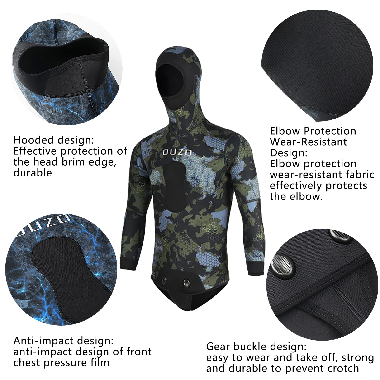 Muta da Pesca Sub in Neoprene 1,5 mm con Cappuccio – Tuta da Immersione a 2 Pezzi con Maniche Lunghe e Rinforzo Toracico – Ideale per Apnea in Acque Fresche