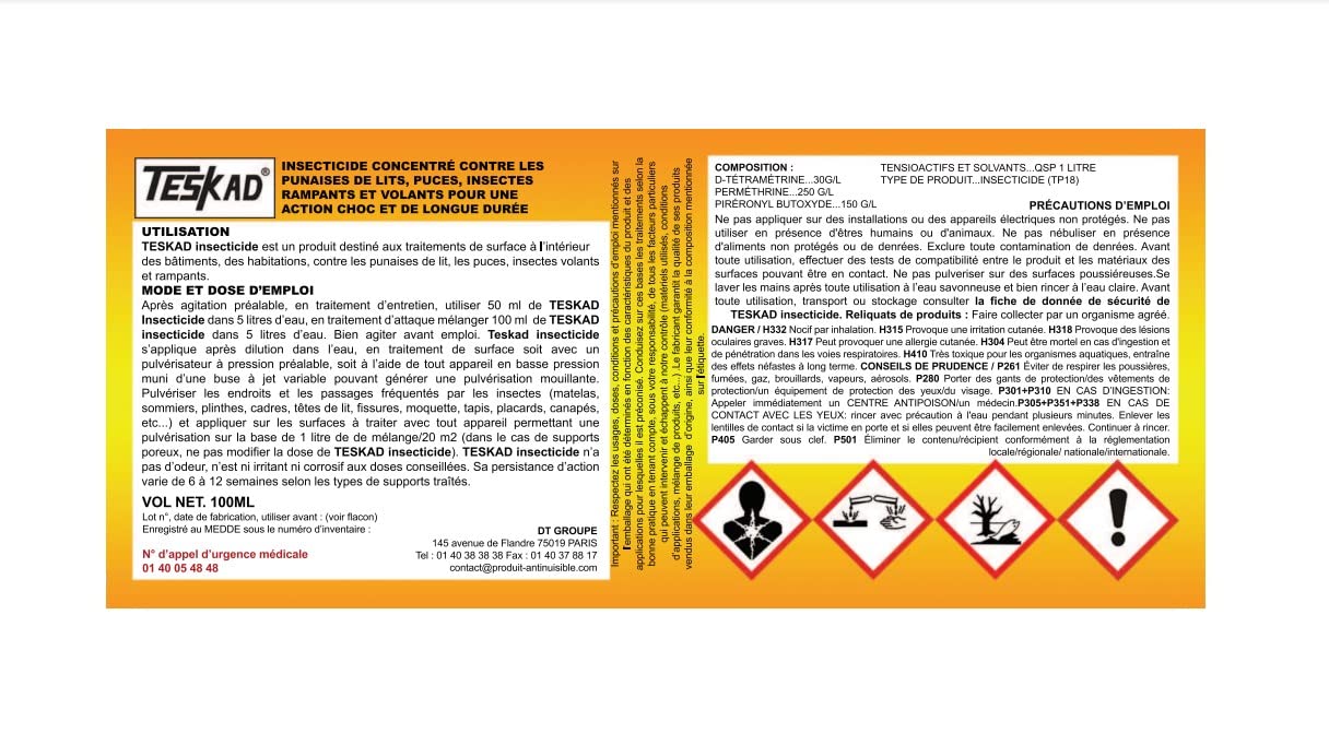 Traitement complet anti punaises de lit et puces pour logement jusqu'à 50m² Teskad | Pulvérisateur 5L + insecticide concentré 100 ml + 2 aérosols régulateur de croisssance