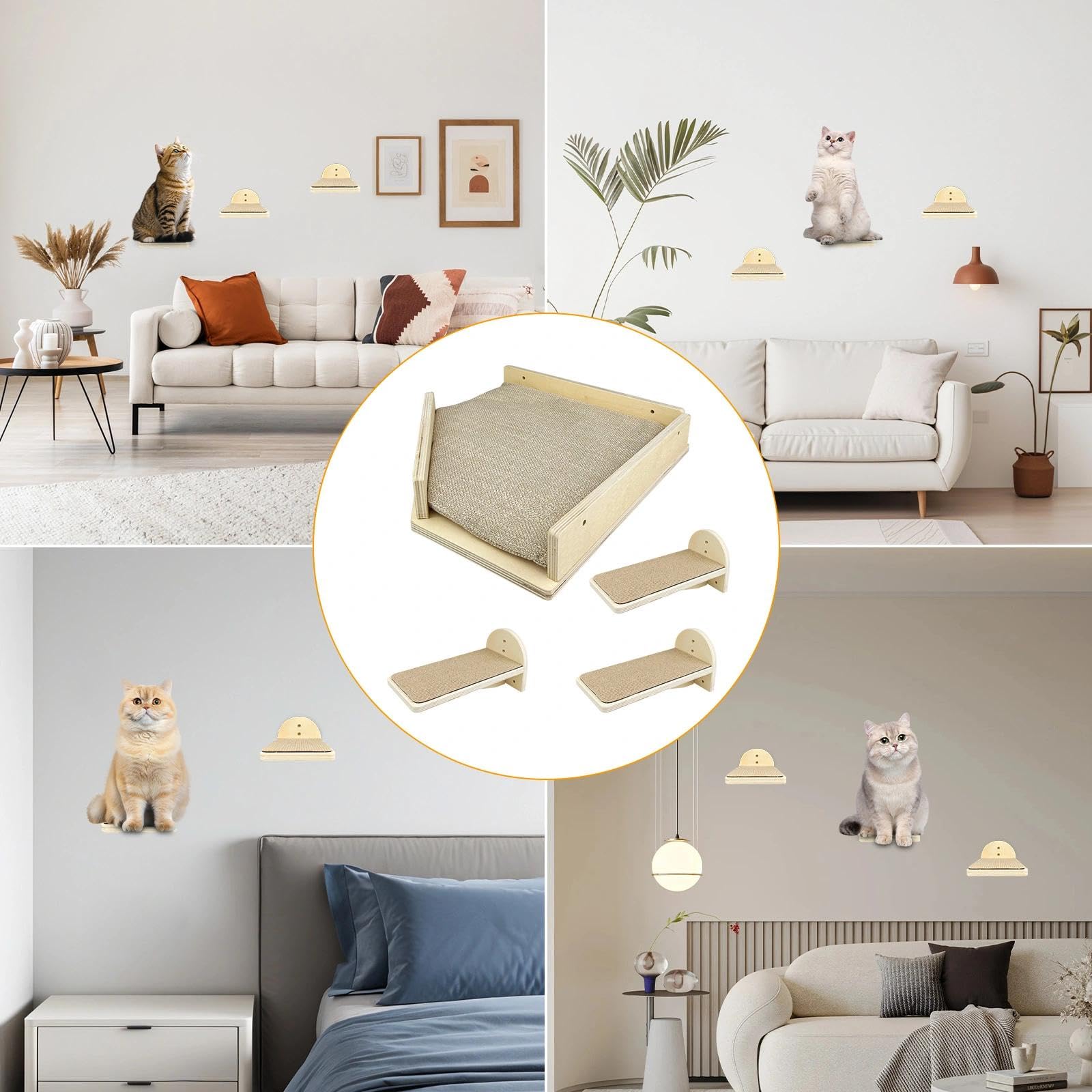 4er Set Kletterwand Katzen, Katzen Wandelemente,Katzentreppe Wand | Katzenbretter für Die Wand, Katzenwandmöbel Set, Katzenleiter Wand für Katze Klettern Spielen Faulenzen(Massivholz)