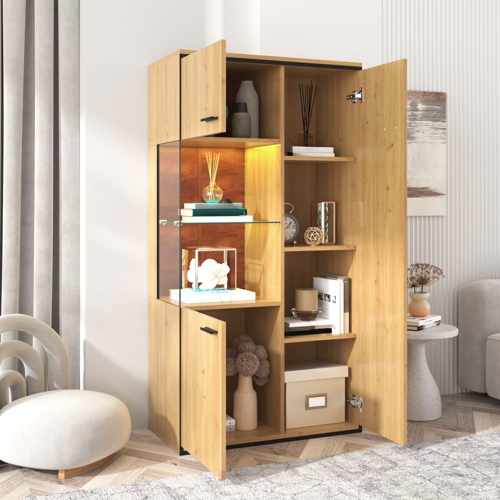 PUGSDRLY Vitrine Moderne éclairage LED,Armoire de Vitrine Salon avec étagère en Verre,Armoire Moderne Polyvalente avec Grand Espace,Meubles de Rangement pour Cuisine Salon et Bureau (Natural)