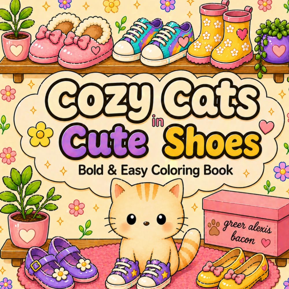 Cozy Cats in Cute Shoes Coloring Book: Bold & Easy Coloring Pages for Relaxation | Cute Kawaii Cats, Cozy Scenes, and Adorable Shoes