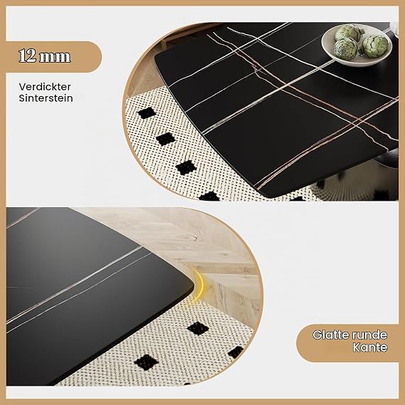 POVISON Dining Table Modern 200 cm Black Sintered Stone with Bronze Carbon Steel Legs Rectangular Table for 6-8 People Easy Installation (without Chairs)
