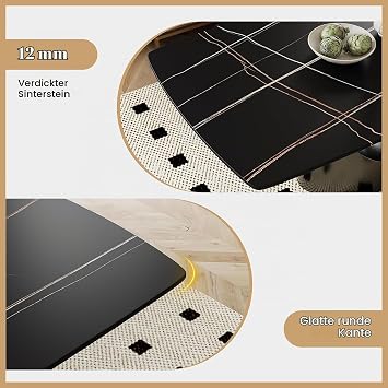 POVISON Dining Table Modern 200 cm Black Sintered Stone with Bronze Carbon Steel Legs Rectangular Table for 6-8 People Easy Installation (without Chairs)