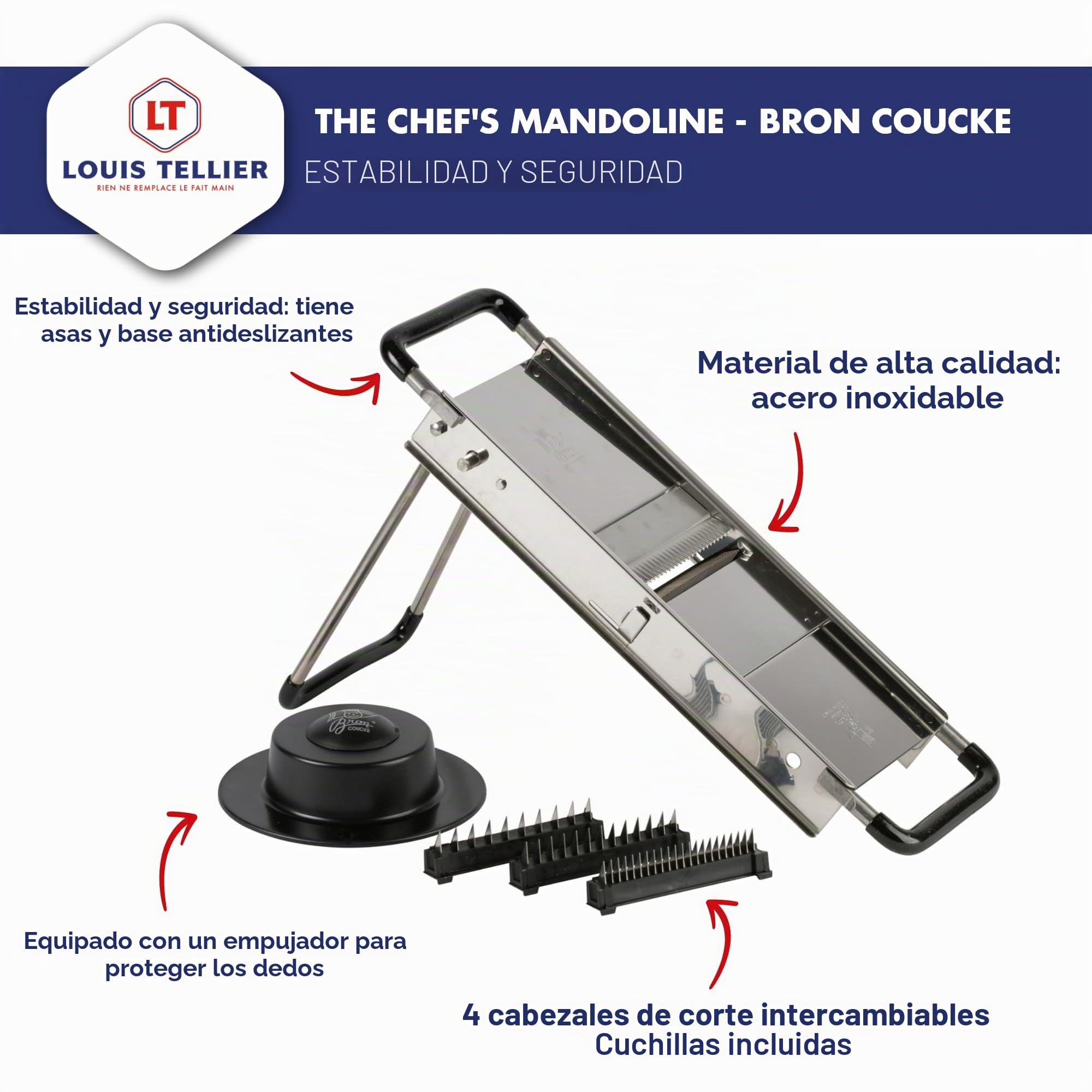 Louis Tellier - Mandolina Profesional del Chef - Acero Inoxidable - Rebanada de Frutas y Verduras y Realiza Fritas y Julianas - Grosor Ajustable - Fabricado en Francia