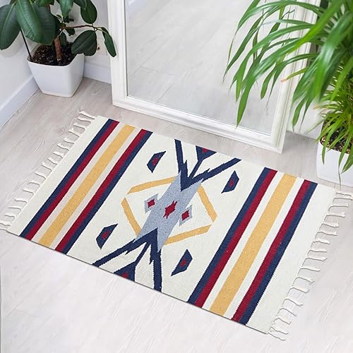 Miniatura 1 de Cifupy Alfombra bohemia de algodón de 2 x 3 pies con borlas, lavable a máquina, antideslizante, suave, ideal para dormitorio, baño, cocina, porche,