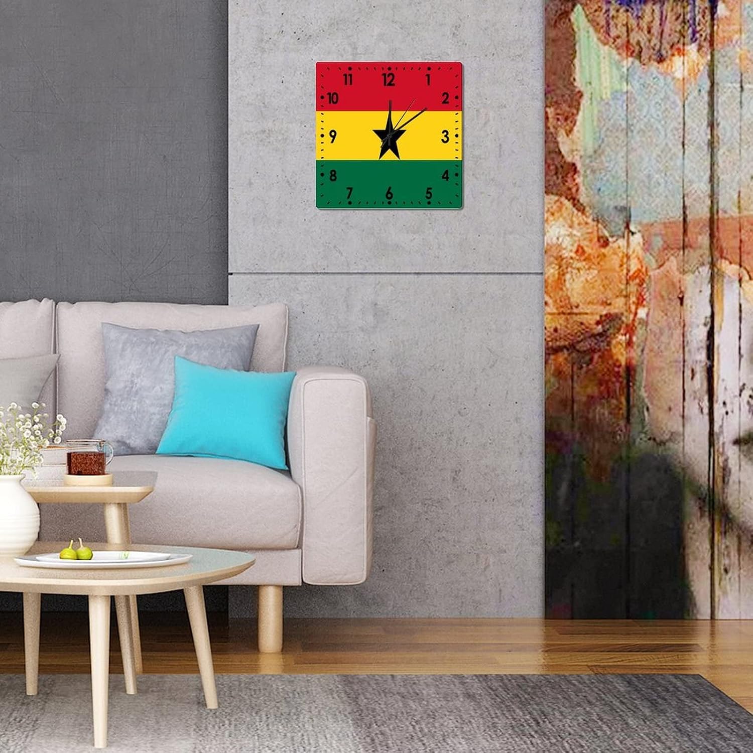 Square Clock Ghana Flag Wall Clock 10 Inch, Silent Non-Ticking Clock, Battery Operated Accurate PVC Wall Clock Decorations for Farmhouse Home Office, Made in USA