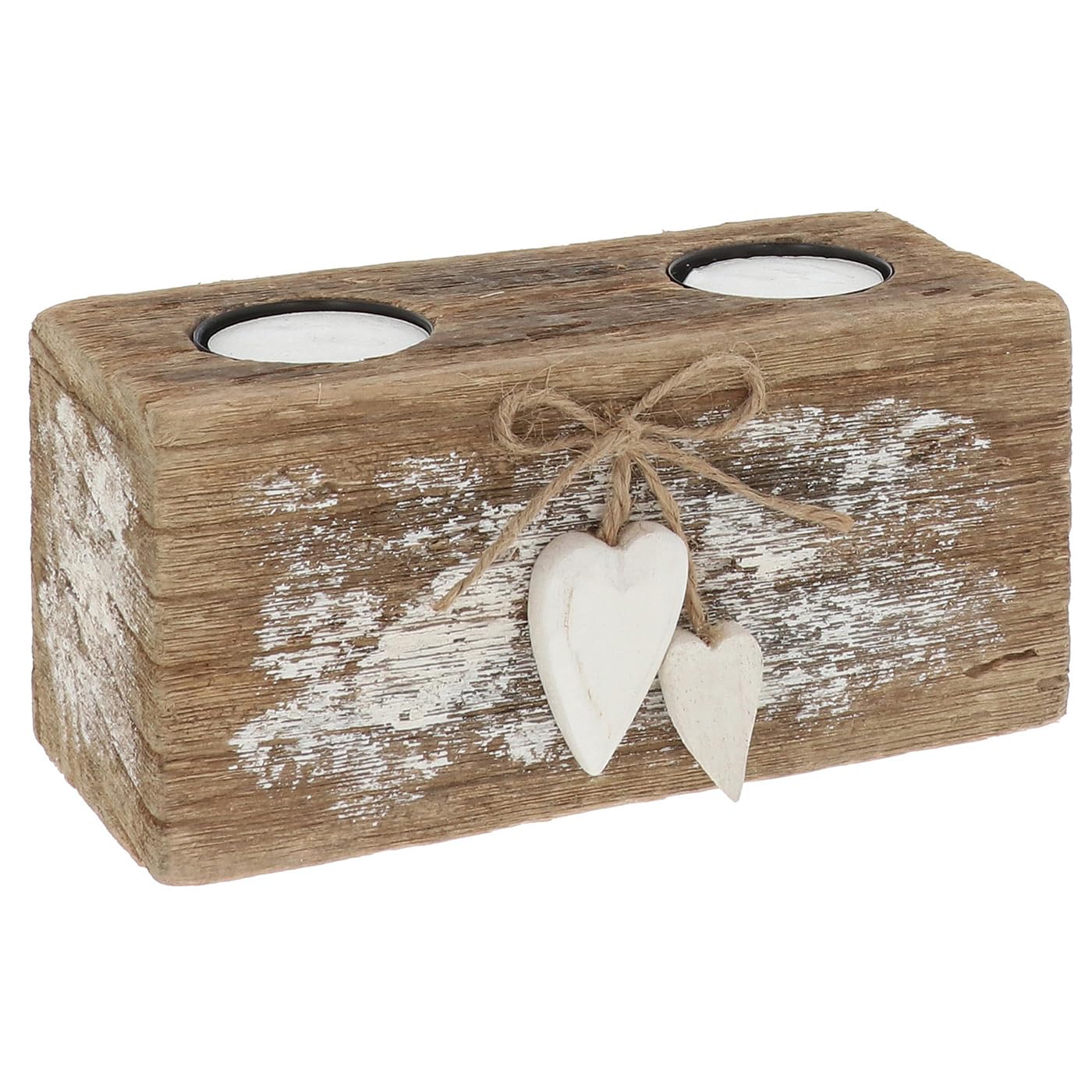 Shudehill Giftware Multicolor Heart Wood Double Tealight Holder – Rustic Wooden Candle Block With Heart Charms (Height 8Cm X Width 17.5Cm X Depth 7Cm)