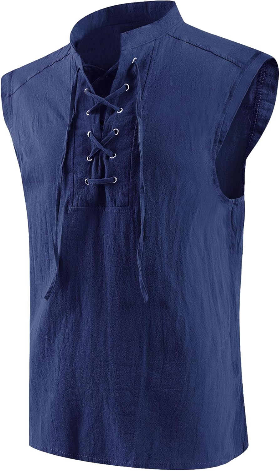 Mens Medieval Renaissance Pirate Costume Sleeveless Lace-up Stand Collar Shirt Gothic Viking Steampunk Top Tunic