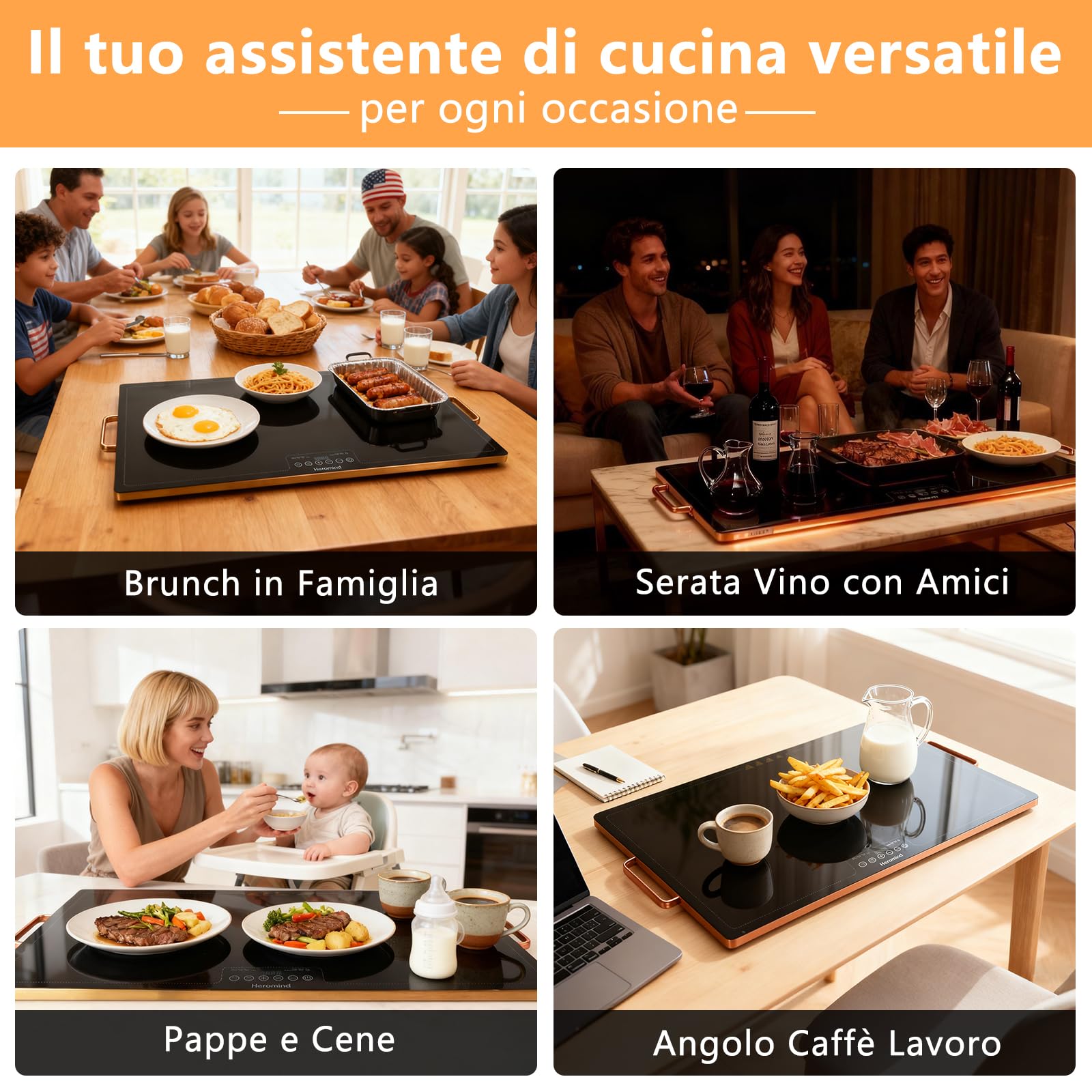 Piastra scaldavivande professionale 80 x 45 cm, 450 W, con bordo in acciaio inox, con manico, per ristorante e casa
