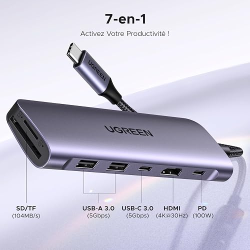 UGREEN Revodok 1071 Hub USB C HDMI 4K Lecteur de Carte SD TF PD 100W Multi Data Ports 5Gbps 7 en 1 Docking Station Compatible avec MacBook Neo iPad Pro Air Mac Mini M4 iPhone 17 Pro Max 16 15 Série - 2