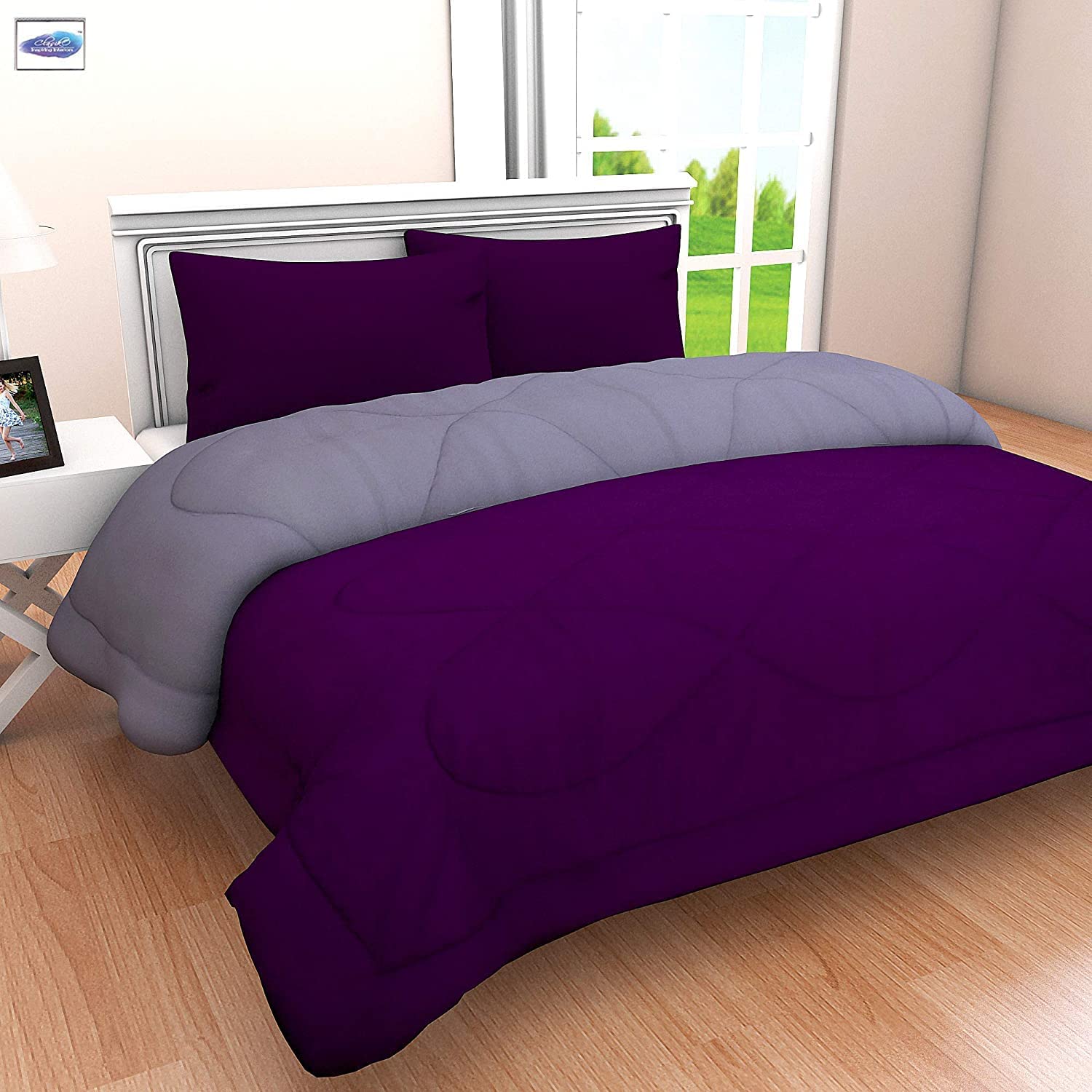 TrueYarns Microfiber Reversible Double Size Duvet/Comforter/Blanket (90" x 100") Purple/Grey-image-2