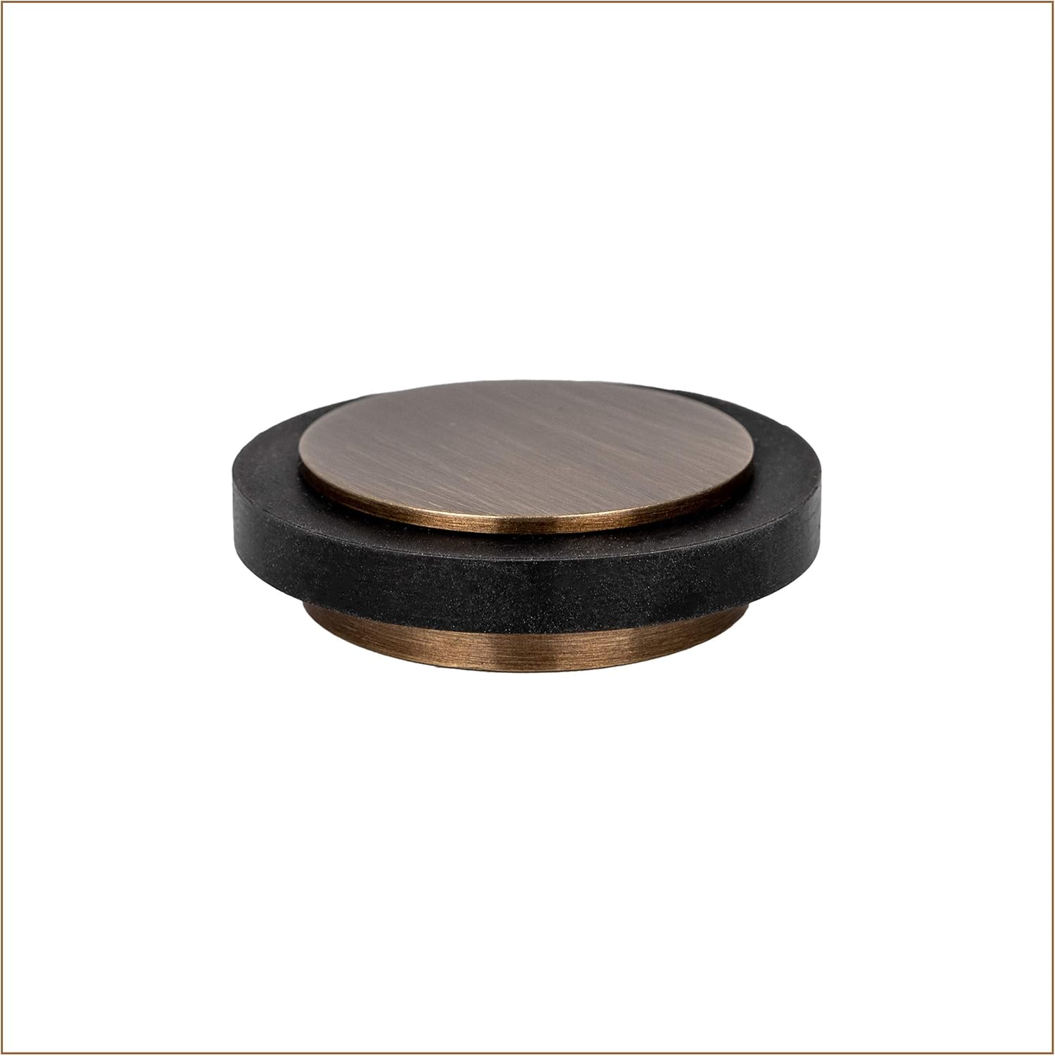 EVI Herrajes | Adhesive Door Stop | Ø1.37" X 0.55" | Adhesive Installation | Aged Leather Brass Finish | Black Natural Silicone Rubber | Mod. I-203X12CU