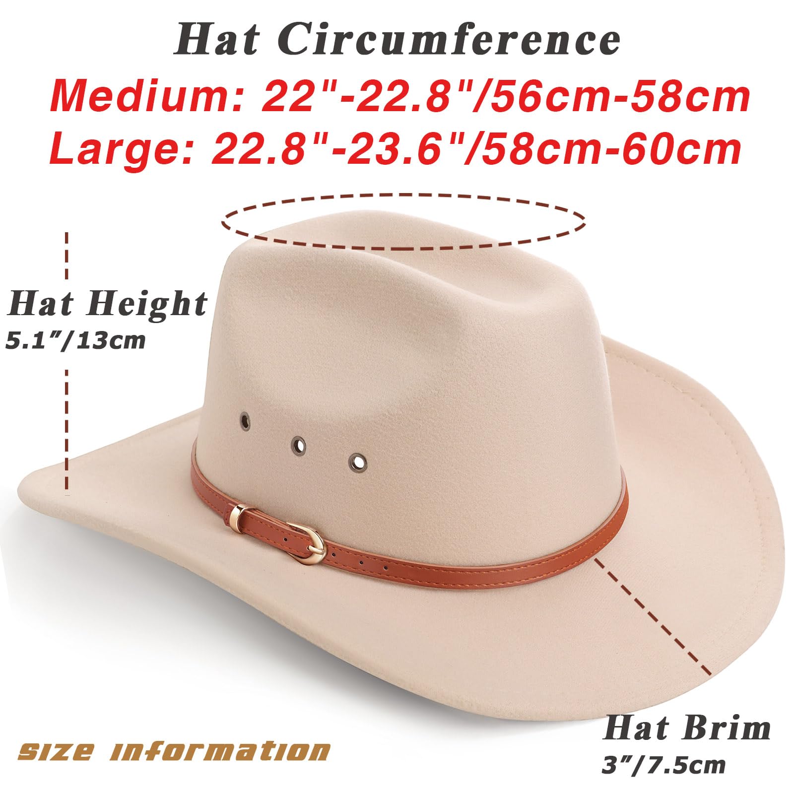 DRESHOW Sombrero de Vaquero para Mujers y Hombres Sombrero de Vaquera Western Clásico con Cinturón de Hebilla Sombrero de Enrollado de ala Ancha Grande Fedora para Unisex