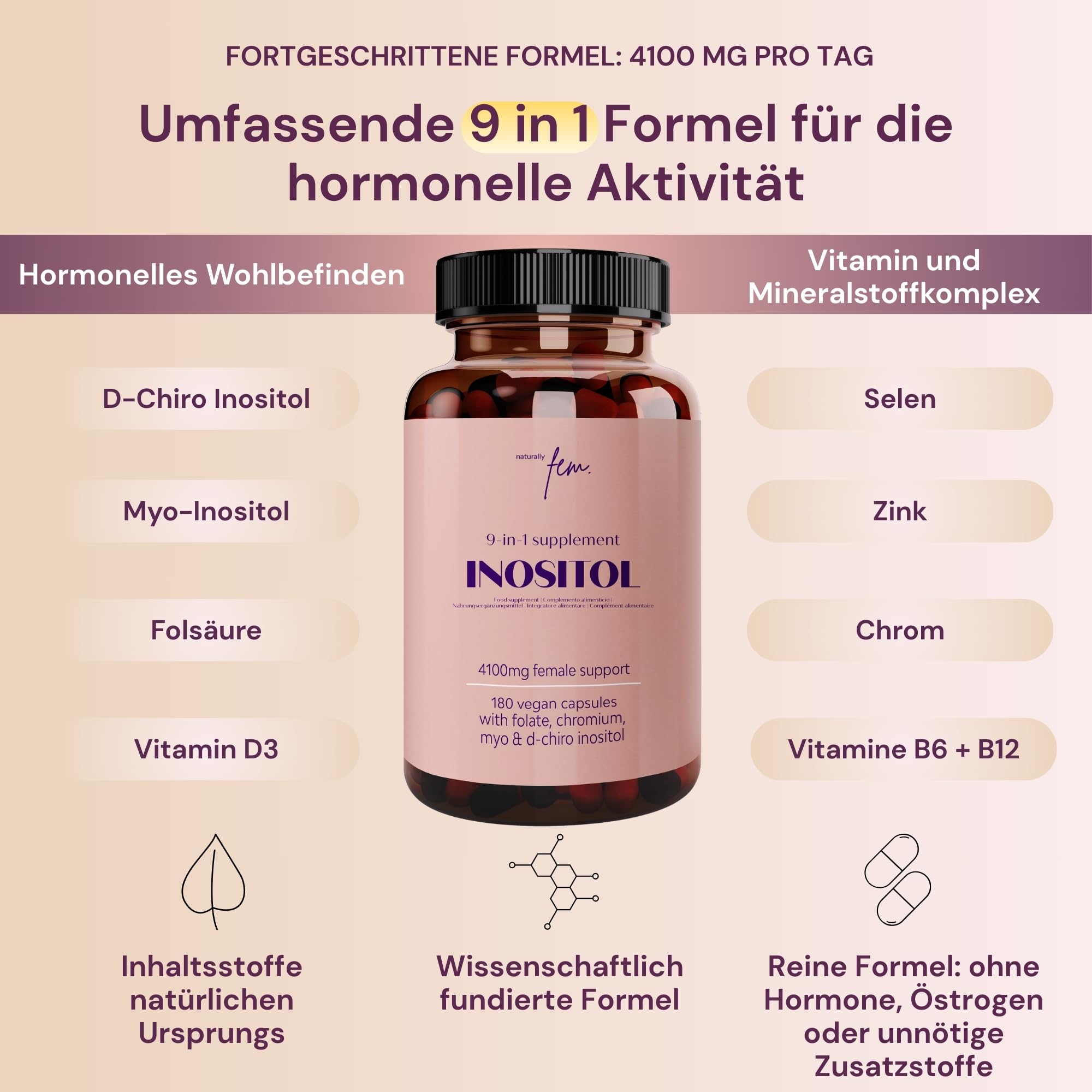 Myo Inositol & D Chiro Inositol Komplex 4100 mg – 9-in-1 mit aktivem Folat (5-MTHF), Chrom, Zink, Vit. B6, B12 & D3 – Vegan & ohne Zusätze – 180 Inositol Kapseln