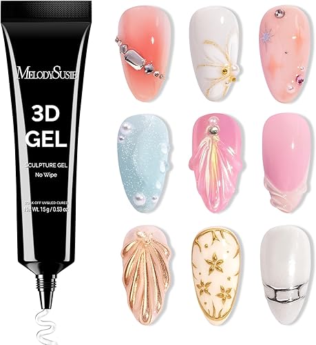 MelodySusie Gel 3D de uñas de gel para esculpir 3D, pegamento transparente para moldear y pintar, diseños de arte de uñas, gemas de diamantes de