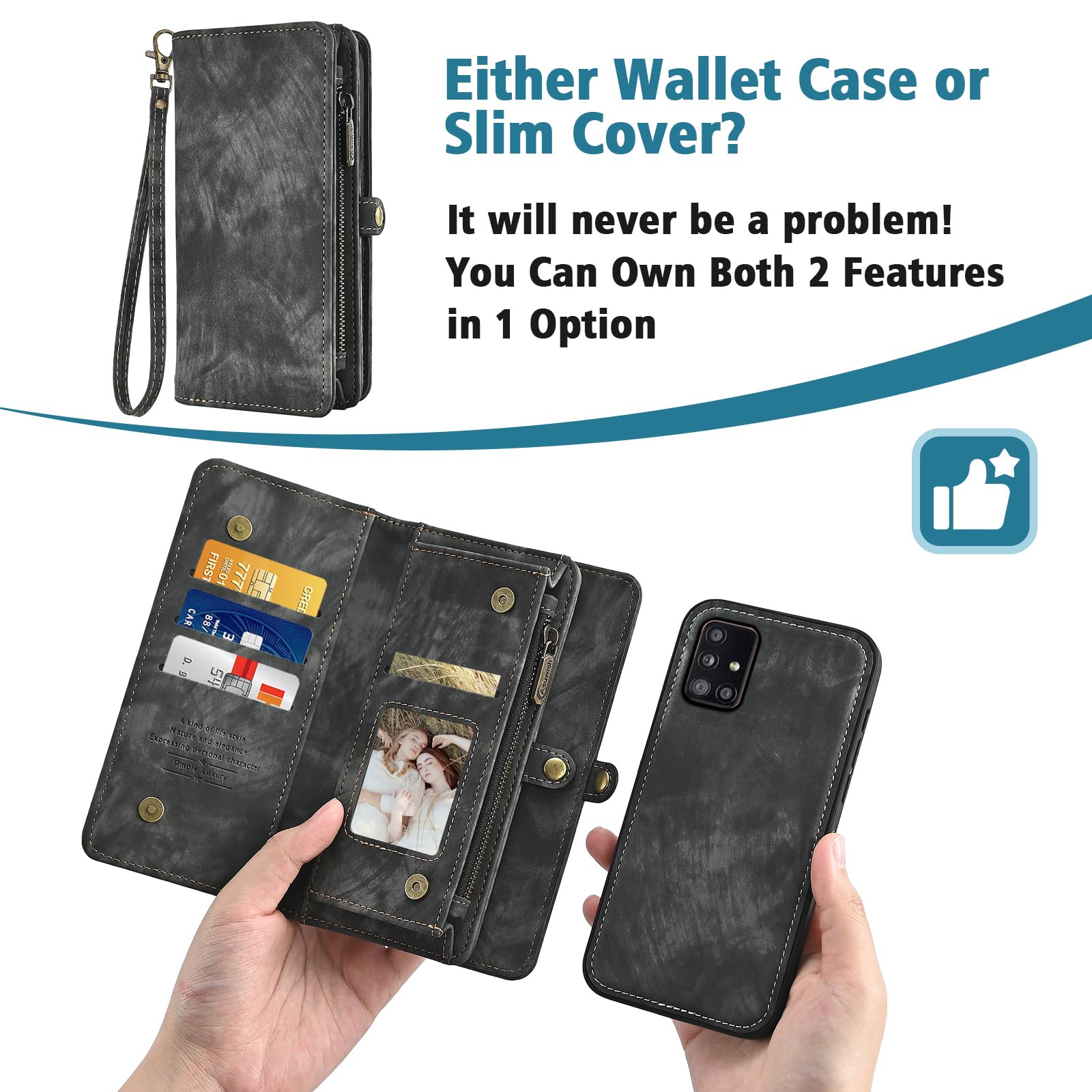 Asuwish Verizon Étui de téléphone pour Samsung Galaxy A51 5G/A 51 5G UW Verizon - Étui portefeuille amovible avec protecteur d'écran en verre trempé - Lanière à rabat et porte-cartes 51A G5 S51 - Noir