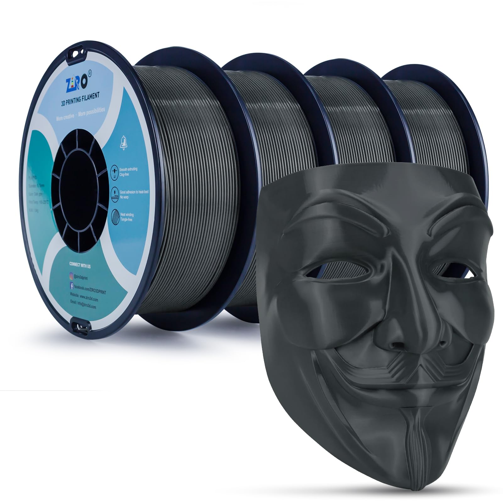 ZIRO 3D Printer Filament 4KG, PLA Filament 1.75mm 4 Pack x 1kg, Dimensional Accuracy +/- 0.03mm, Fits Most FDM 3D Printers, 2.2lbs x 4 Spool, Dark