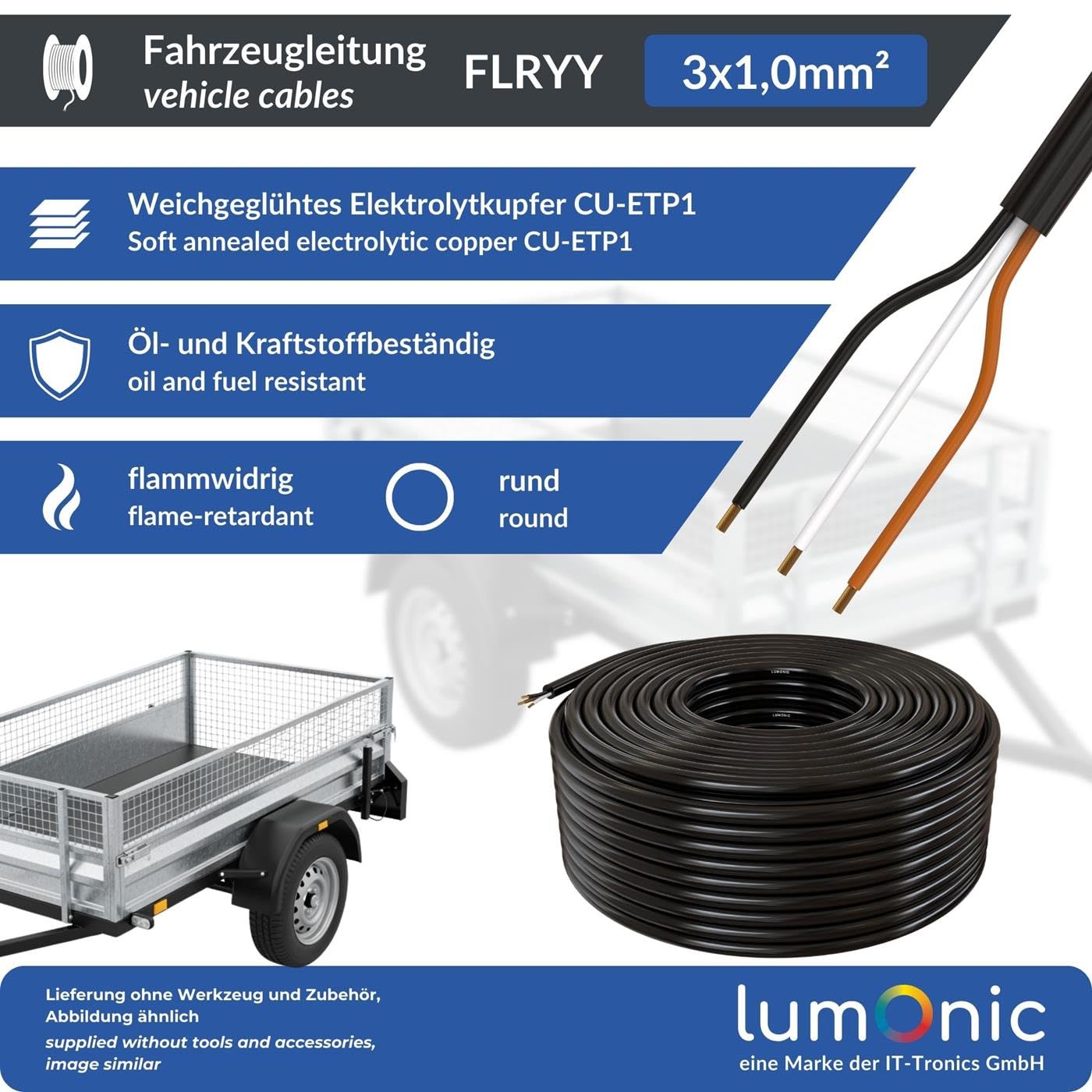Lumonic 10m FLRYY Fahrzeugleitung 3x1mm² schwarz | 3-adrig | Anhängerkabel | mehradriges KFZ-Kabel | Öl- und Kraftstoffbeständig, flammwidrig | Niedervolt