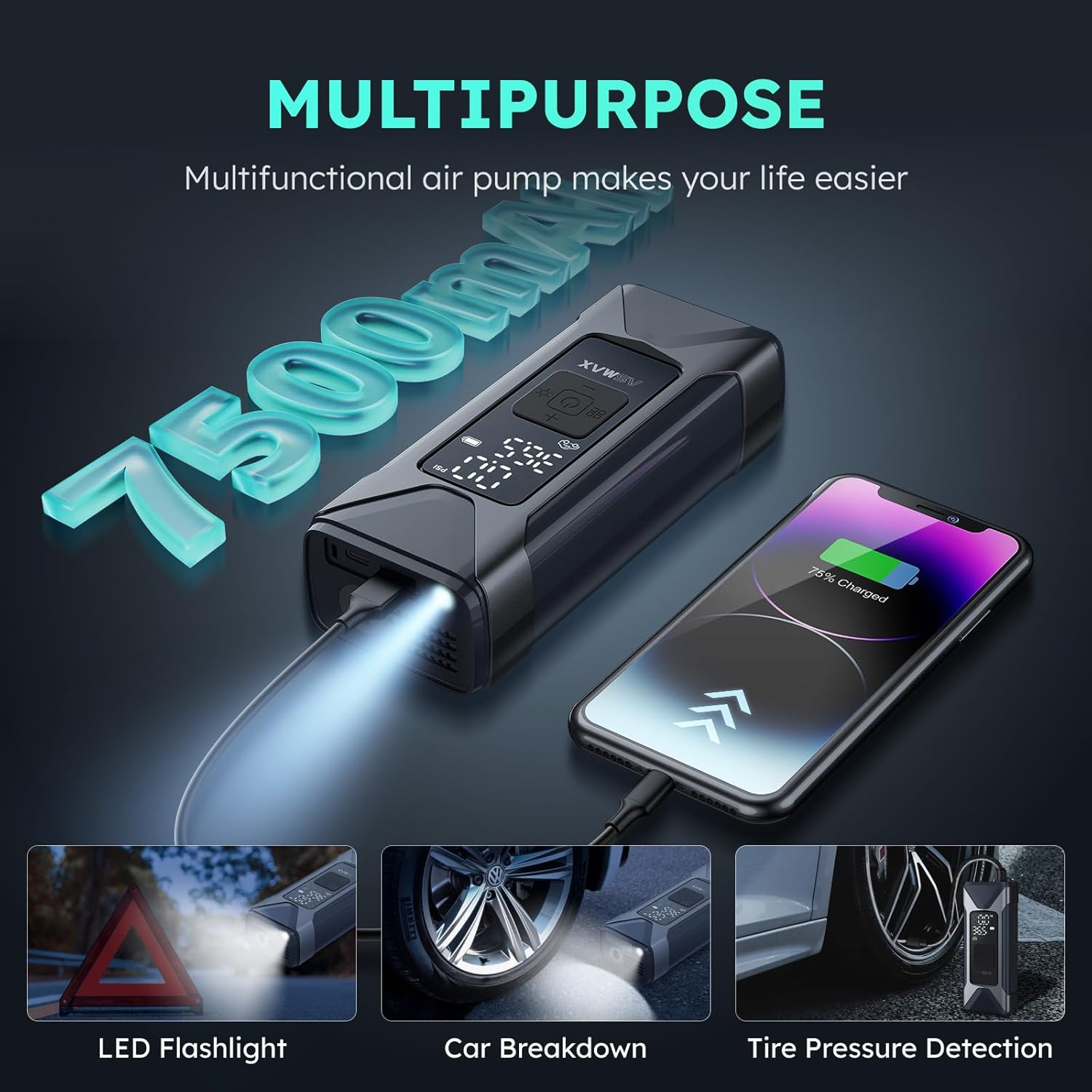 Multipurpose functions including LED flashlight, car breakdown assistance, and tire pressure detection
