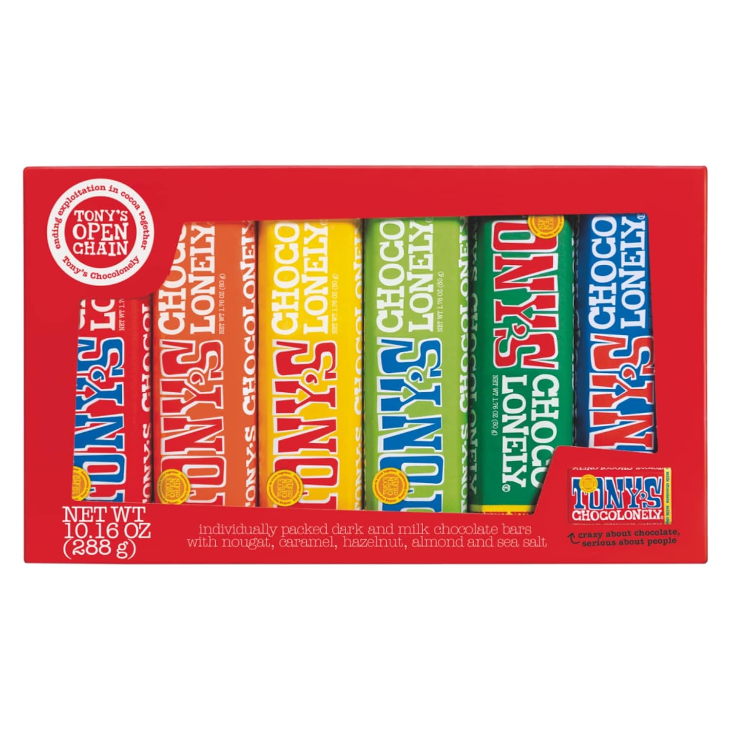 Tony's Chocolonely Chocolate Bar Pack - Milk & Dark Chocolate Bars, Individually Packed, w/Nougat, Caramel, Hazelnut, Almond & Sea Salt, Chocolate Candy Bars, Chocolate Candy Variety Pack - 6 Bars