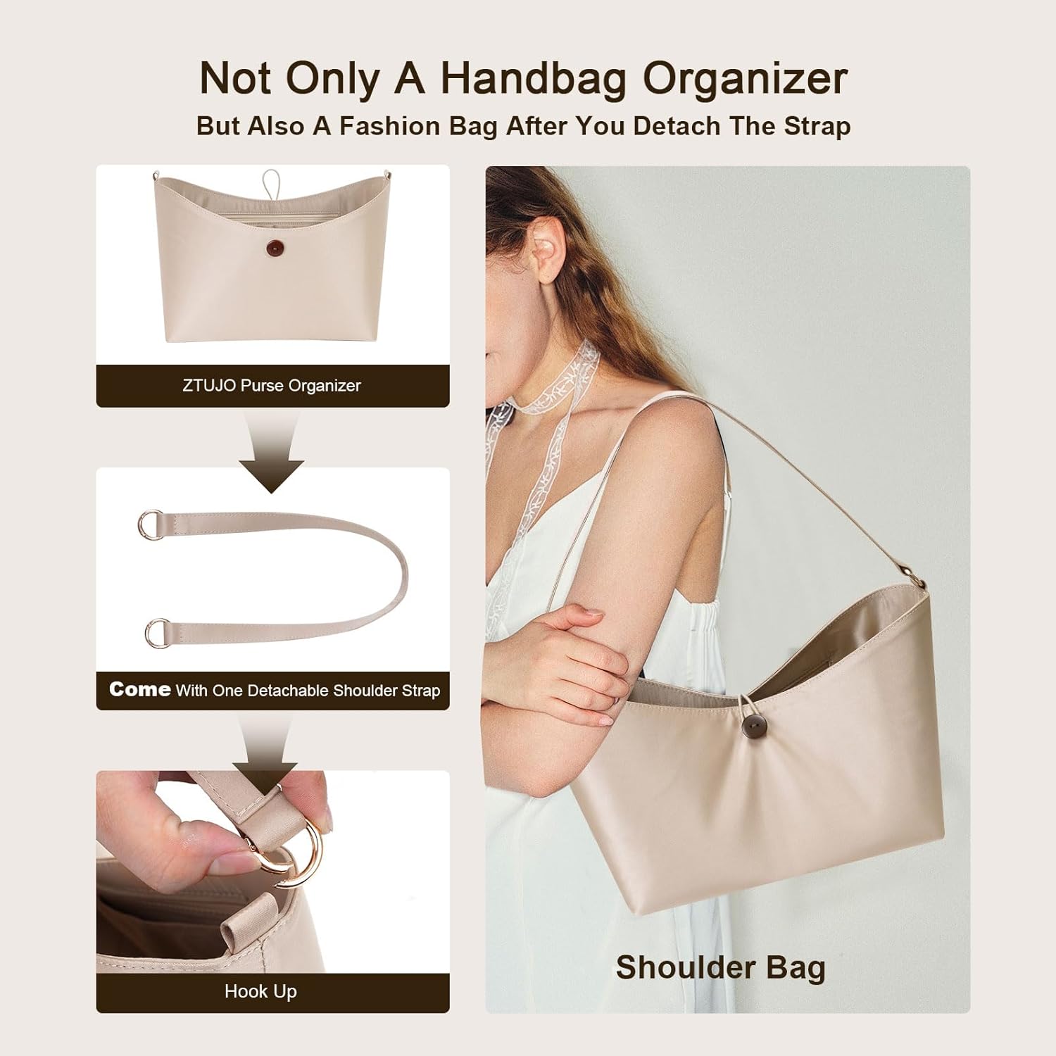 ZTUJO Purse Organizer Insert For Longchamp le pliage,Silky Touching LongChamp Organizer Insert, Compatible with Le Pliage,Energy,Shoulder Bag,Top Handle, Xtra (Beige, Large)