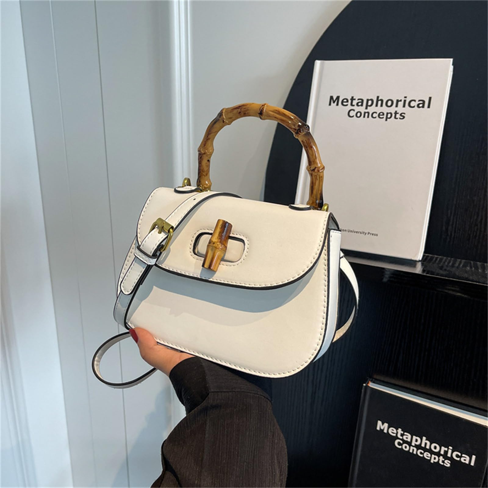 Damen-Leder-Tragetasche, Bambus-Form, Tragegriff oben, Umhängetasche, Vintage, Schultertasche