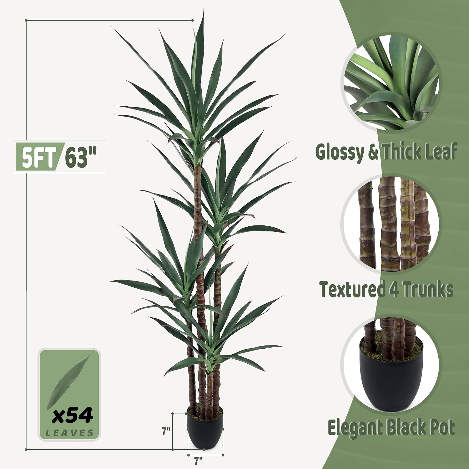 Roselywed Artificial Agave Plant 5FT with 54 Leaves & 4 Trunks & Elegant Black Pot Realistic Tall Large Fake Faux Modern Tree 62 Inch for Indoor Home Office Porch Mall School Decor Housewarming Gift