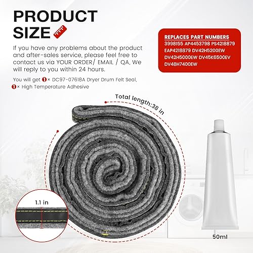 Miniatura 3 de puxyblue - Sello de fieltro para tambor de secadora DC97-07618A - Sustituye al sello de fieltro de tambor de secadora SamSung 3998155 AP4453798