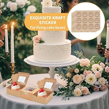 50 Pack Cake Boxes for Cake Portion Brown Cupcake Boxes with 60 Stickersxes | 3 Rolls of Ribbon, 4 inch Cupcake Boxes with Windows for Cupcakes Desserts Pastries Cookies Candy Pies