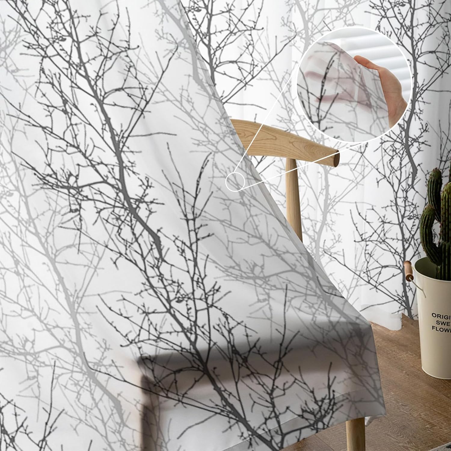 Grey Tree Branch Semi Sheer Curtains 84 inches Long Farmhouse Tree Window Treatments Curtains Light Filter Curtains Rod Pocket Drapes for Living Room Bedroom 2 Panels