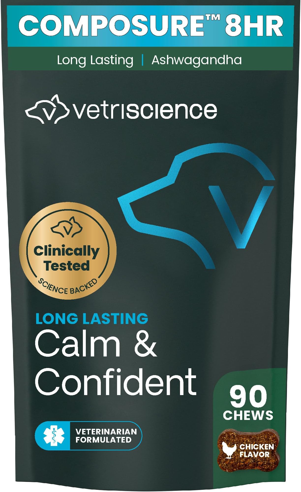 VetriScience Calm & Confident Chews, Composure Clinically Tested Calming & Anxiety Ashwagandha Supplement for Dogs, Stress Relief, Separation Anxiety, Behavior Support, Chicken, 90 Count