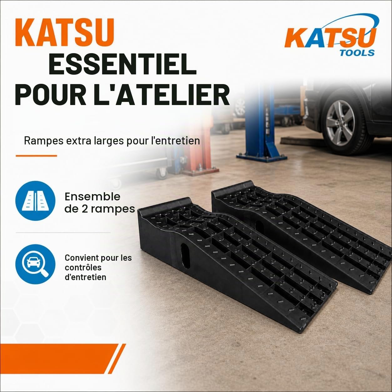KATSU Rampes de Voiture en Plastique, Extra Larges, 2 Pièces Rampes de Garage Robustes pour Levage de Véhicules Automobiles Atelier Service et Réparation de Voiture 161920
