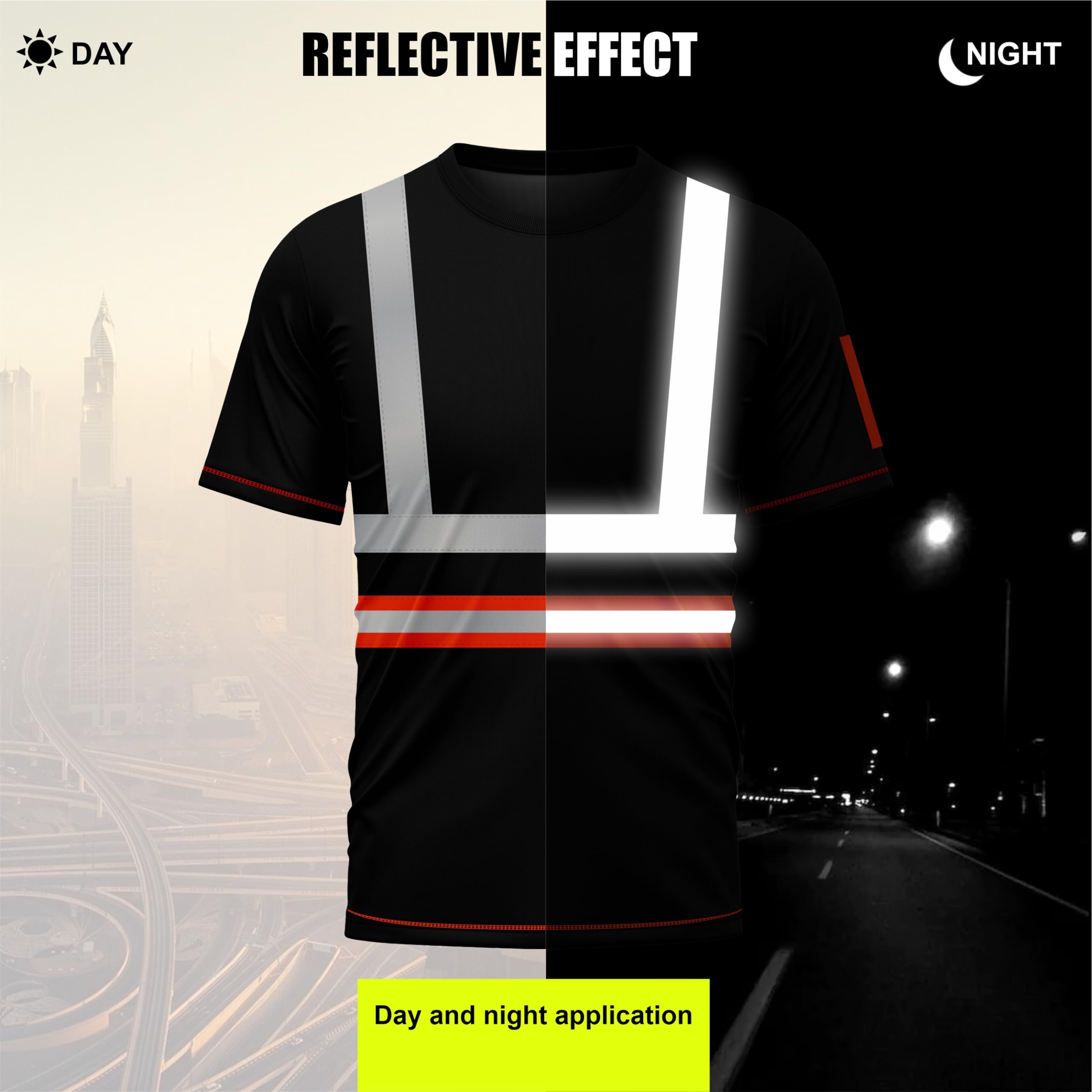 mymixtrendz Hi Viz High Visibility Security Work T Shirts Dri Fit Round Crew Neck Short Sleeves Safety Reflective Tape Breathable Workwear Tops S-XXL Black Orange - Image 4
