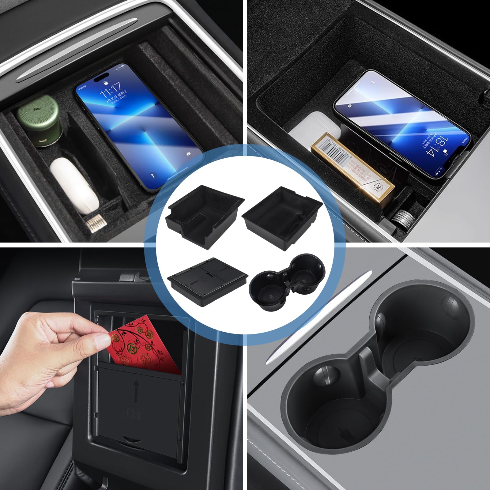 Lot de 4 Organiseurs de Console Centrale pour Tesla Model 3/Y 2021-2024, Plateau de Rangement Console Centrale + Accoudoir Boîte de Rangement + Porte Gobelet, pour Tesla Model 3 Y Accessoires