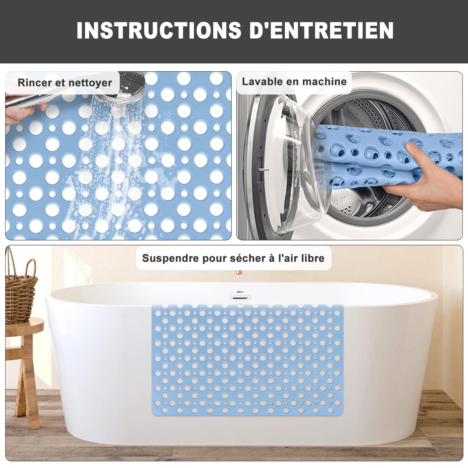 Tappetino doccia antiscivolo, 80 x 120 cm, tappetino da bagno con ventose, tappetino da bagno con fori di scarico, grande tappetino antiscivolo in TPE ad asciugatura rapida (grande blu, 120 x 80 cm)