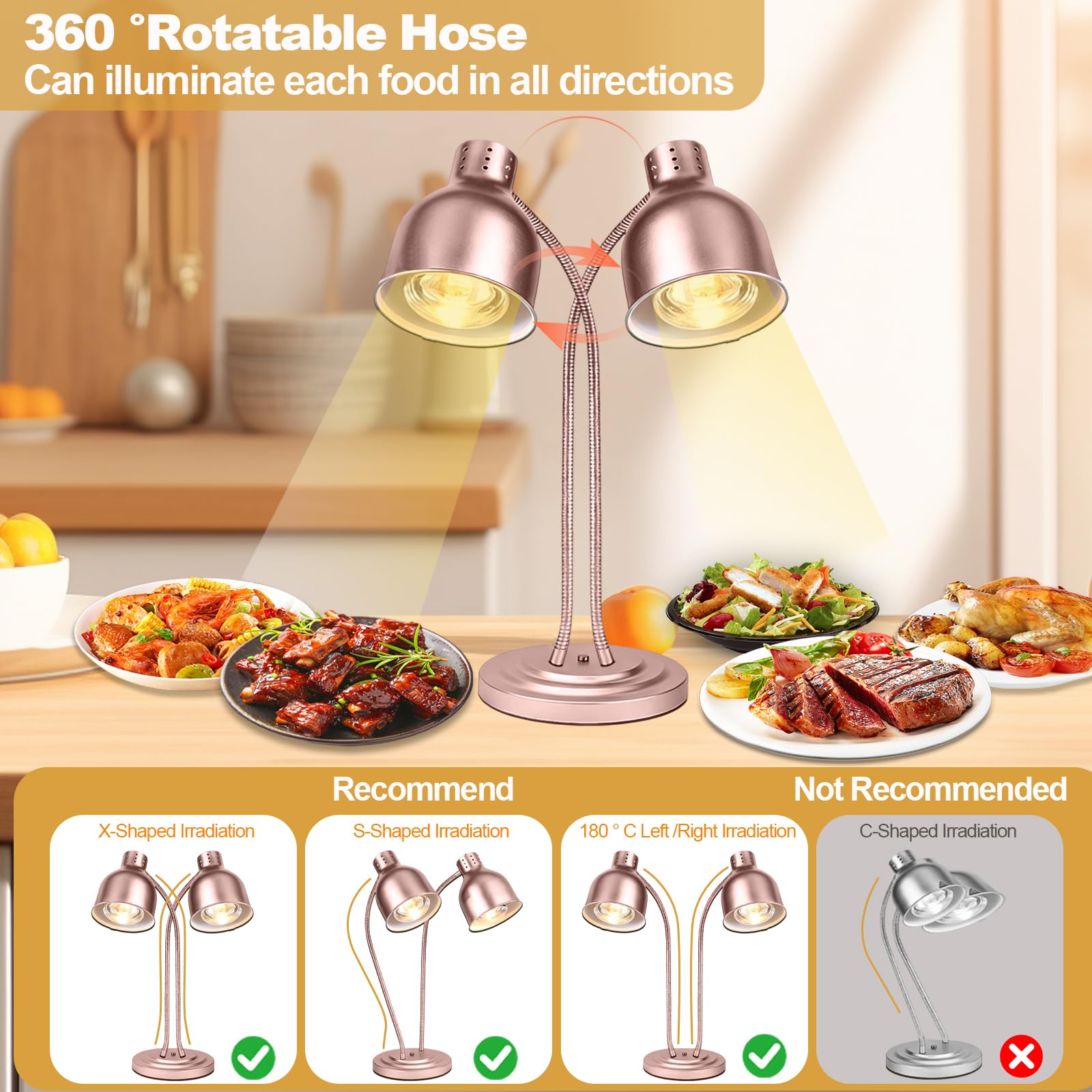 Lampes Chauffantes Alimentaires - Tuyau RéGlable à 360° - 2 Lampes Chauffantes Infrarouges De 250 W - Extensible Jusqu'à 70 Cm - pour Cuisine Buffet, Restaurant Et HôTel (Rose Doré, S-Shape)