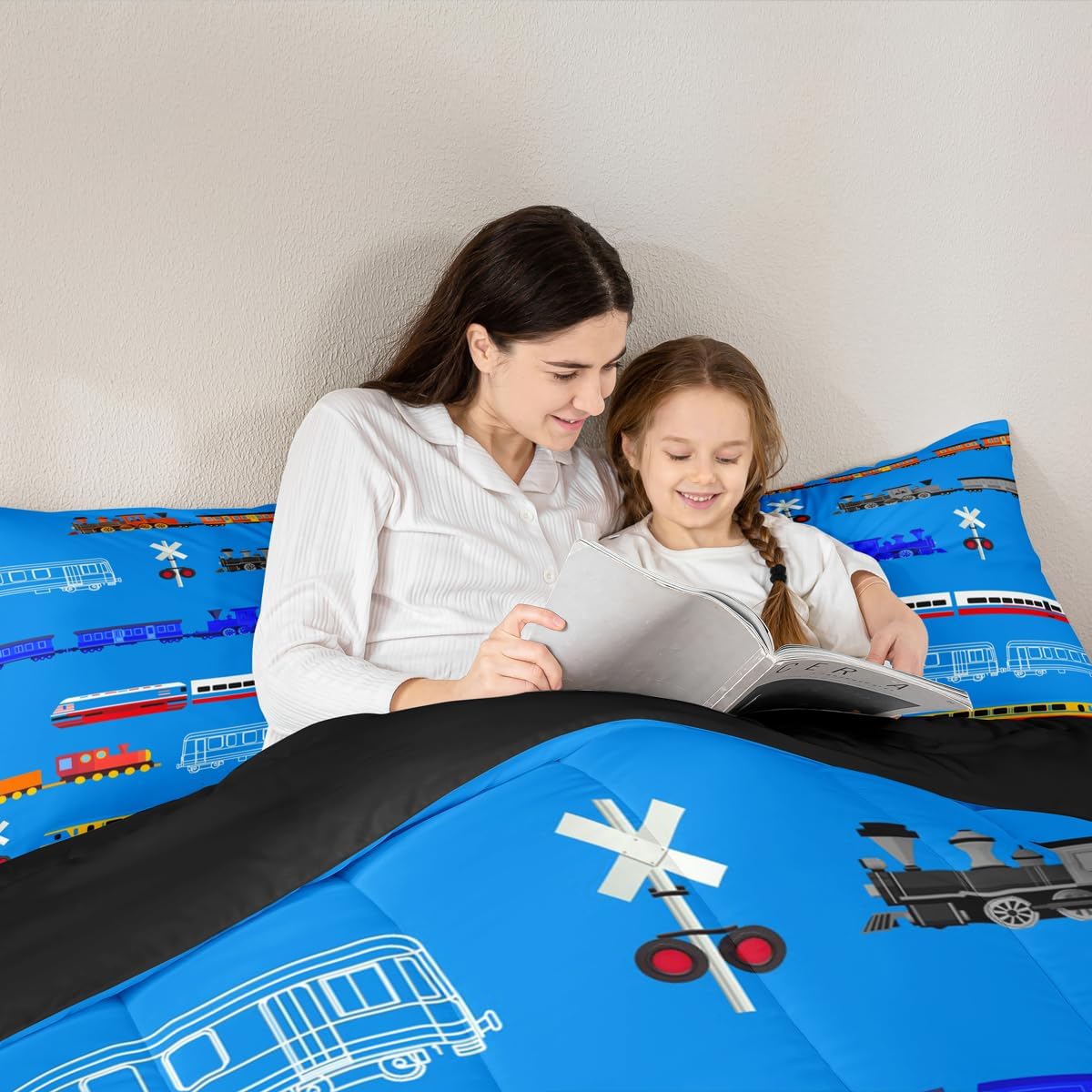 Erosebridal Train Full Comforter Set for Boys,Cartoon Car Bedding Set for Kids Boys Girls Toddler,Vintage Car Down Comforter,Retro Steam Railway Rail Traffic Light Duvet Set Bedroom Decor,Blue 3Pcs