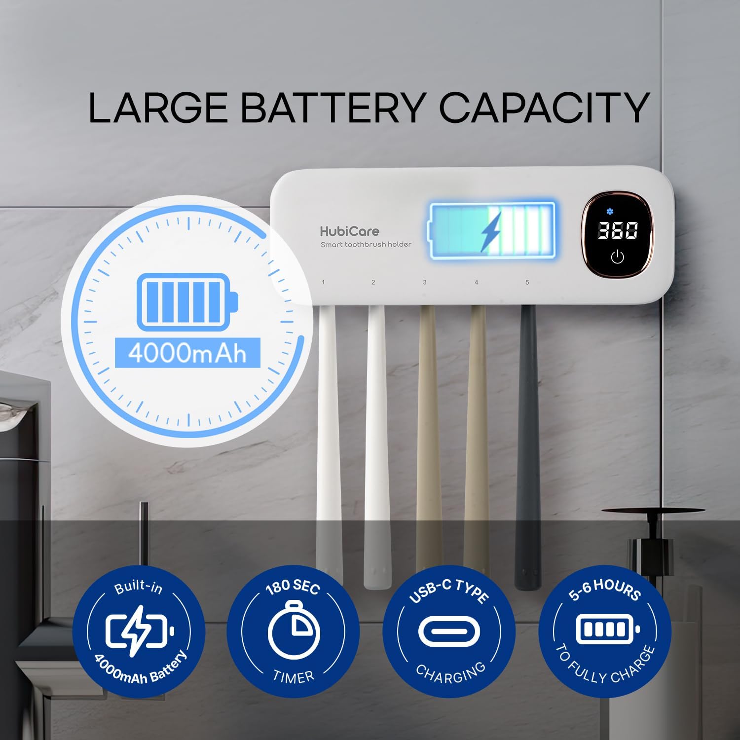HubiCare Toothbrush Cleaner Fan Drying Function Toothbrush Holder Easy to Clean 5 Slots, Wall Mounted 4,000mAh Large Capacity Rechargeable Cordless Home Toothbrush Holder, Ideas - Image 5