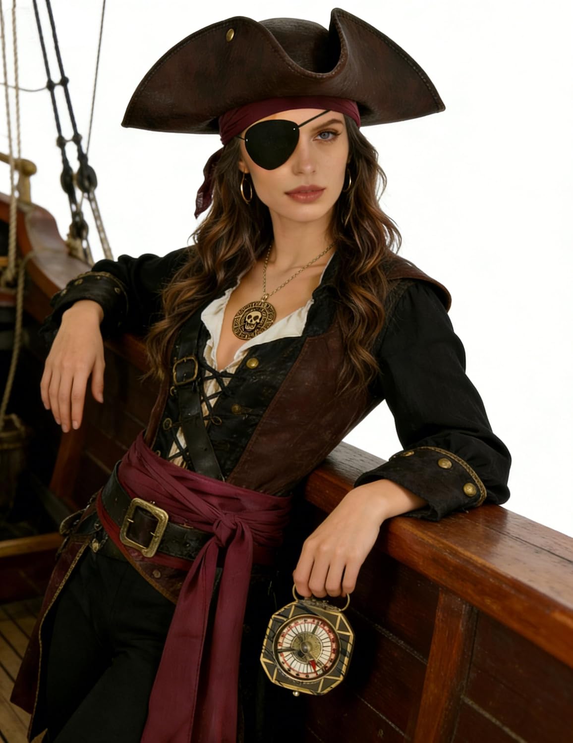 Pirate Hat Women Costume Accessories Set Eye Patch Necklace Sash