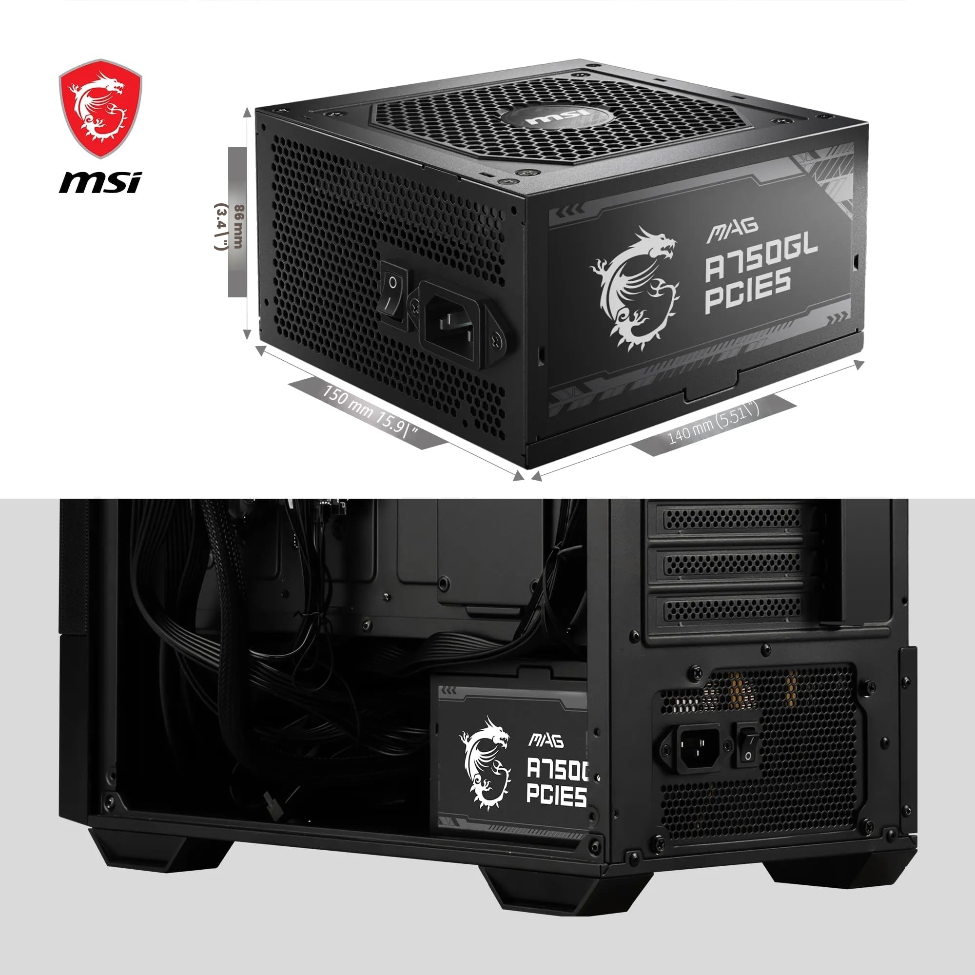 MSI MAG A750GL PCIE5 Bloc d'alimentation, 750 W, 80 Plus Gold, entièrement modulaire, ATX 3.0, Support GPU PCIe 5.0, câbles Plats Noirs, Garantie 7 Ans