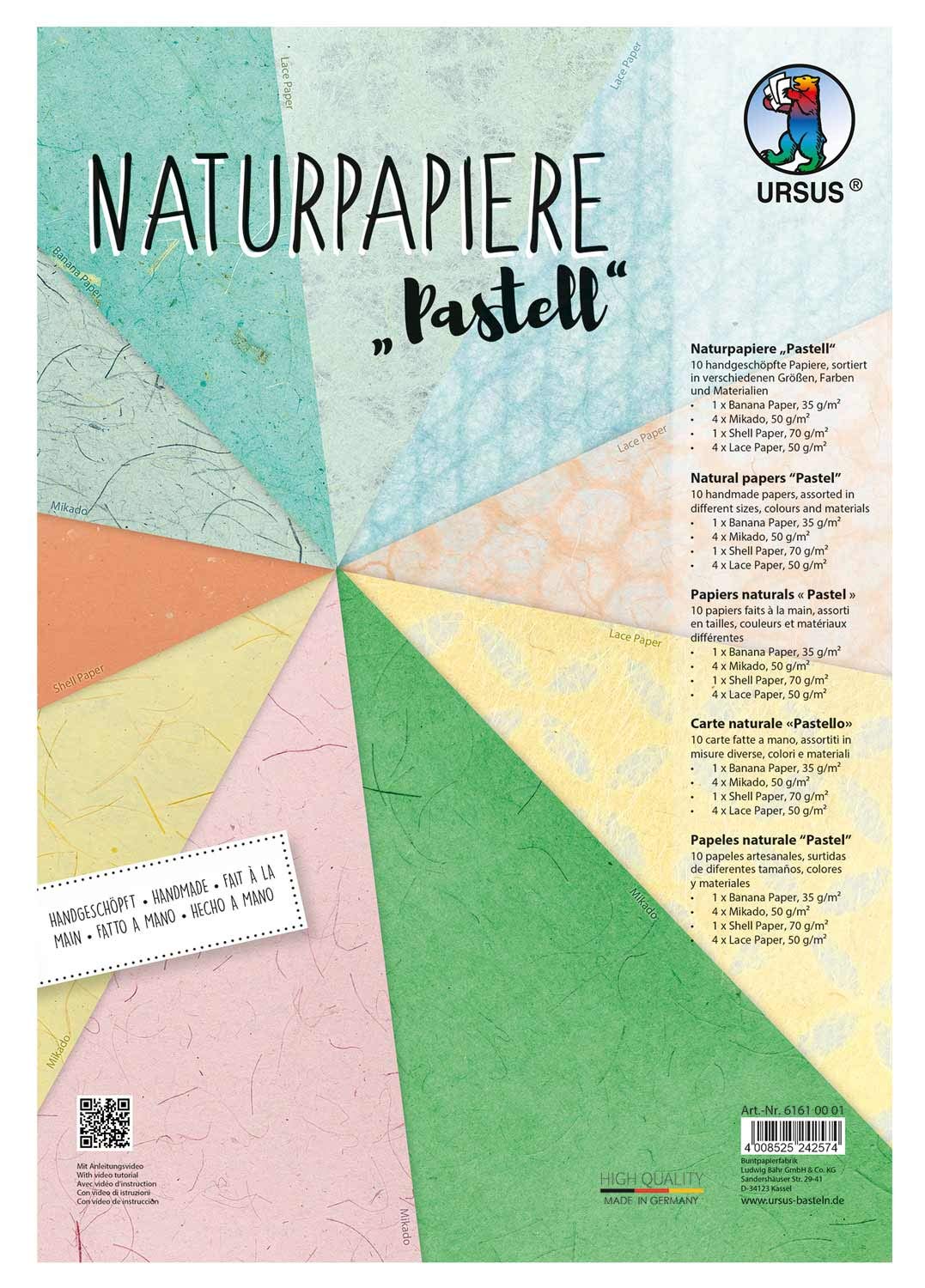 Ursus 61610001 Natural Papers Pastel 10 Sheets in Various Sizes, Colours and Qualities with Banana Paper, Shell Paper, Mikado and Lace Paper, for Creative Crafts, Colourful