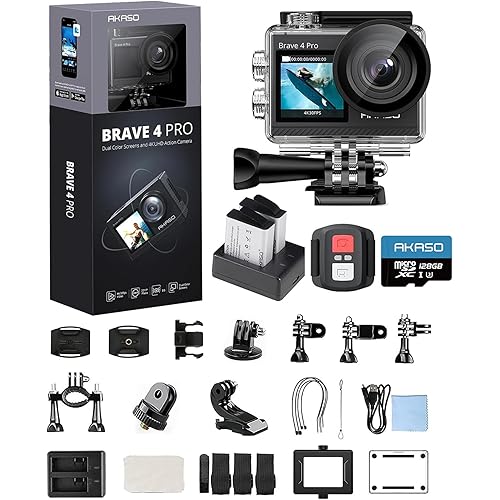 AKASO Brave 4 Pro 4K30 Action Camera with 128GB MicroSD U3 Card, 131FT Underwater Waterproof Camera EIS Touch Screen Remote Control with 2x1350mAh Batteries and Helmet Accessories Kit Bundle