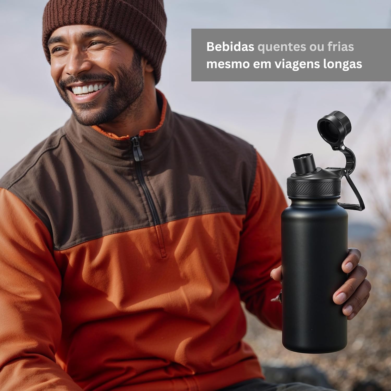 Garrafa Térmica 1000ML - Duplamente Isolada a Vácuo, Aço Inox 304, Capa Protetora da Base de Silicone, Mantém Bebidas Gelada 24 horas e Quente 12 horas (Preto Wide) Garrafa Térmica 1000ML - Duplamente Isolada a Vácuo, Aço Inox 304, Capa Protetora da Base de Silicone, Mantém Bebidas Gelada 24 horas e Quente 12 horas (Preto Wide)
