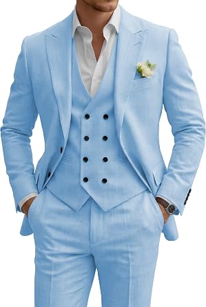 Linen Suit for Men 3 Piece Retro Linen Suit Casual Beach Wedding Summer Formal Wear Blazer Jacket Vest Pants