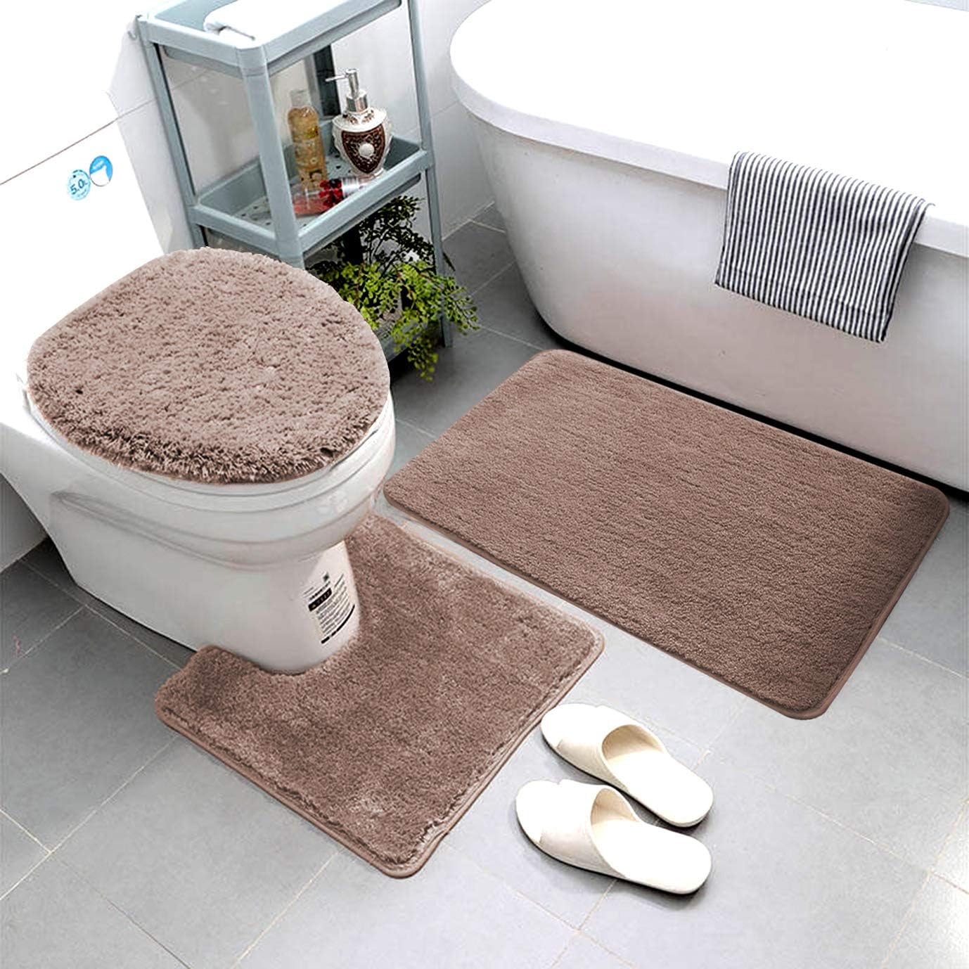 Luxury Home Goods 3 Piece Solid Super Soft Microfiber Bathroom Rug Set Includes Bath Rug, Contour Mat, and Toilet Lid Cover, Non-Slip Bath Rugs with Rubber Backing, Machine Washable (Taupe)