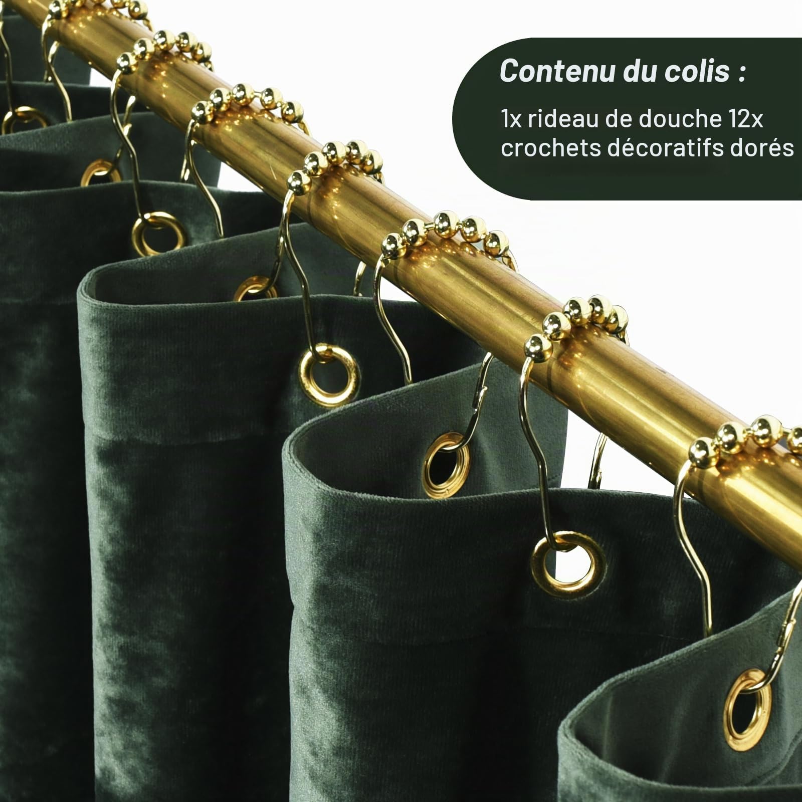 TAMGHO Rideau de Douche en Velours écrasé de Luxe avec 12 Crochets dorés – Rideau de Douche en Tissu épais imperméable pour Salle de Bain – Vert foncé – 183 x 183 cm