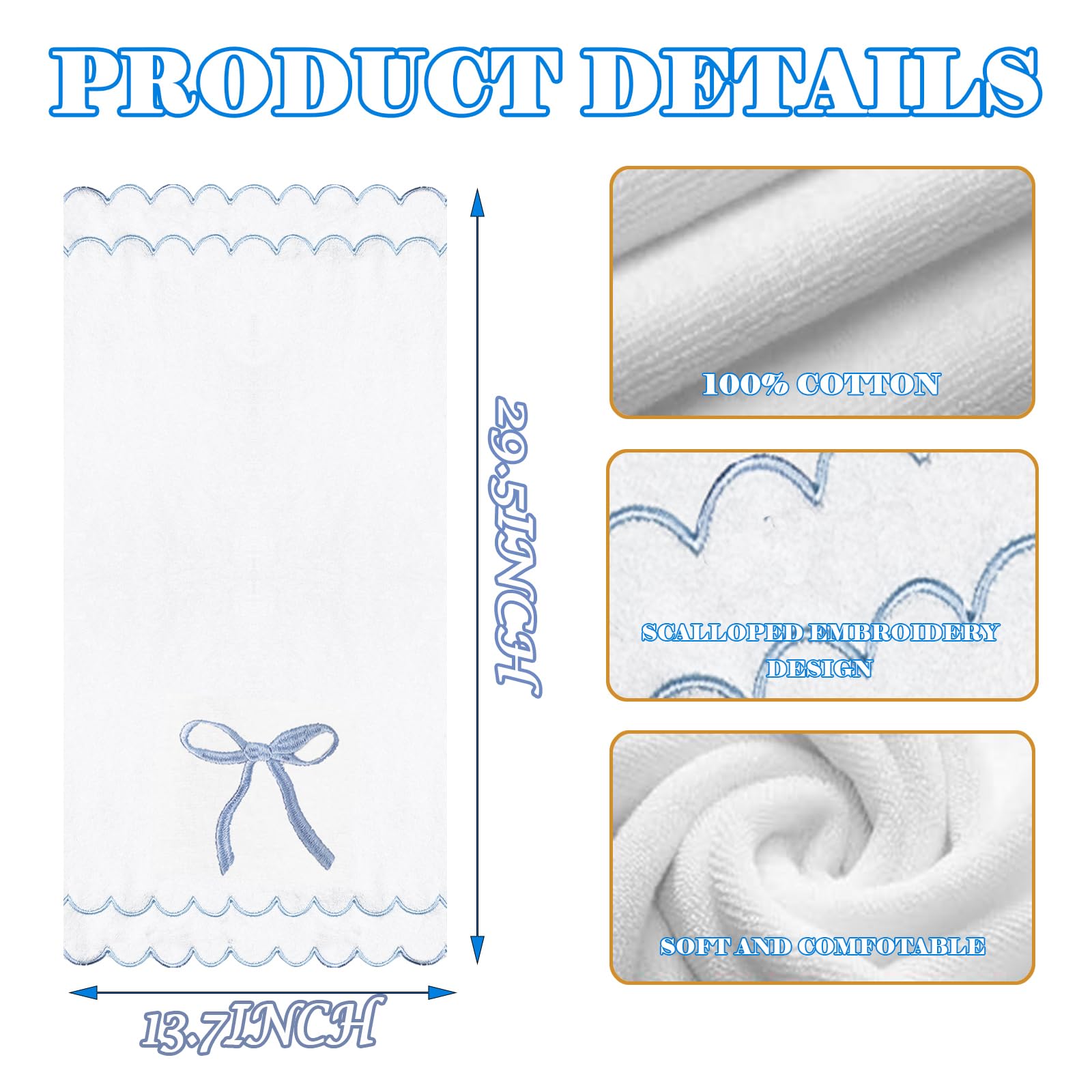 2 Pcs Coquette Bow Hand Towels 15.75 x 27.56 Inch Scalloped Embroidered Dish Towel 100% Cotton Cute Preppy Decorative Bath Hand Towel for Kitchen Bathroom (Blue)